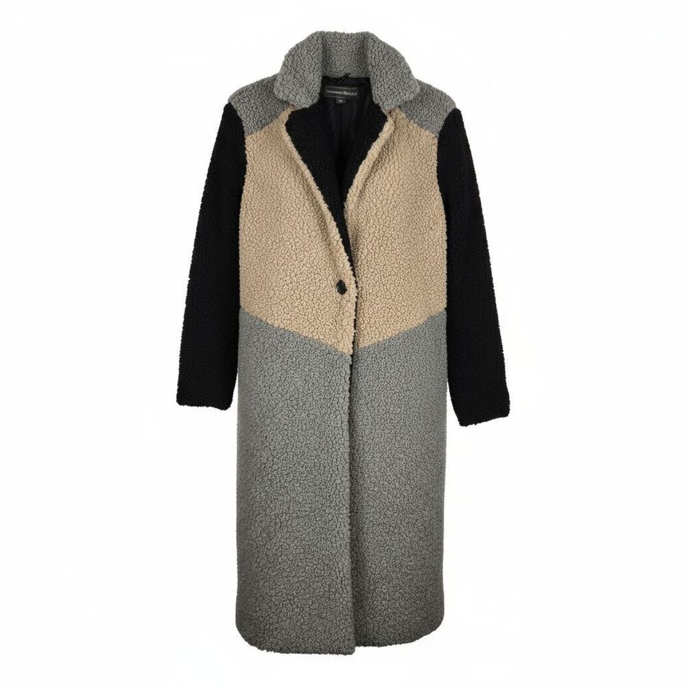 Forever Audrey Teddy Faux Fur Trench Coat Sz S Color Block Tan Gray Black